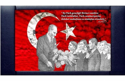 Atatürk Resimli Makam Arkalığı Deri Çerçeveli 110x200 cm